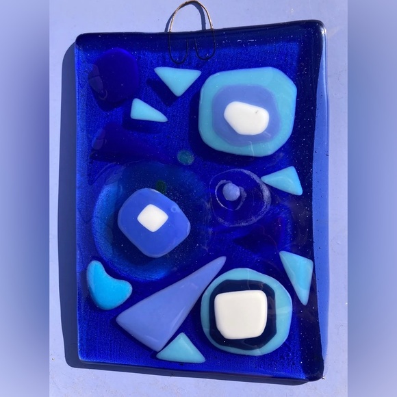 Greek Inspired Fused Art Glass  Hanging Plaque 8”x6” Greek Design Blue Glass - Picture 4 of 12